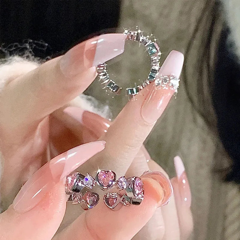 Adjustable Crystal Rings Y2K Pink Irregular Geometry Vintage Bowknot Heart Ring Set for Women Girl 2023 New Fashion Jewelry Gift