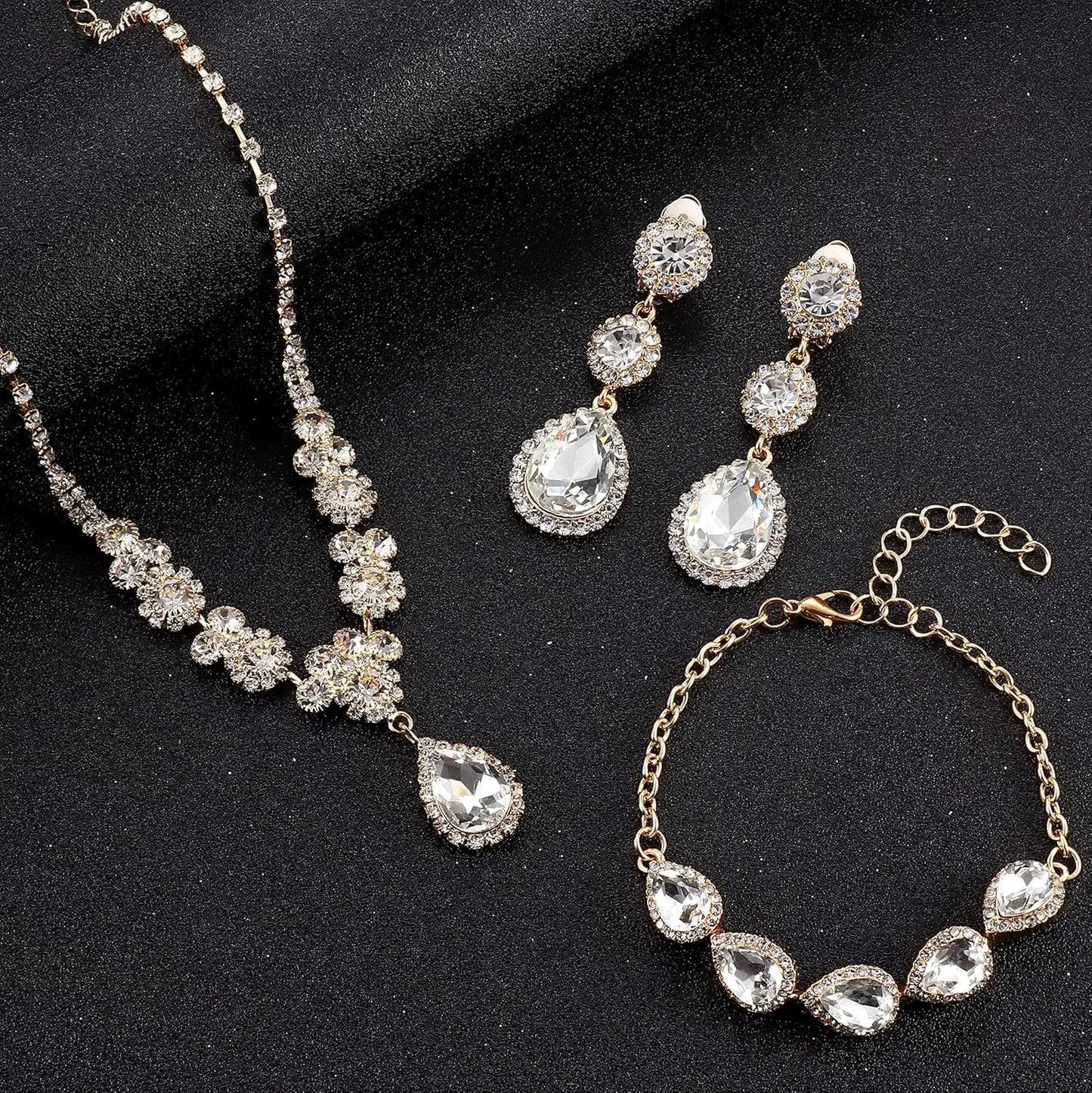 Florideco Rhinestone Bridal Jewelry Set Necklace Bracelet Earrings for Brides Bridesmaid Teardrop Pendants for Wedding Prom