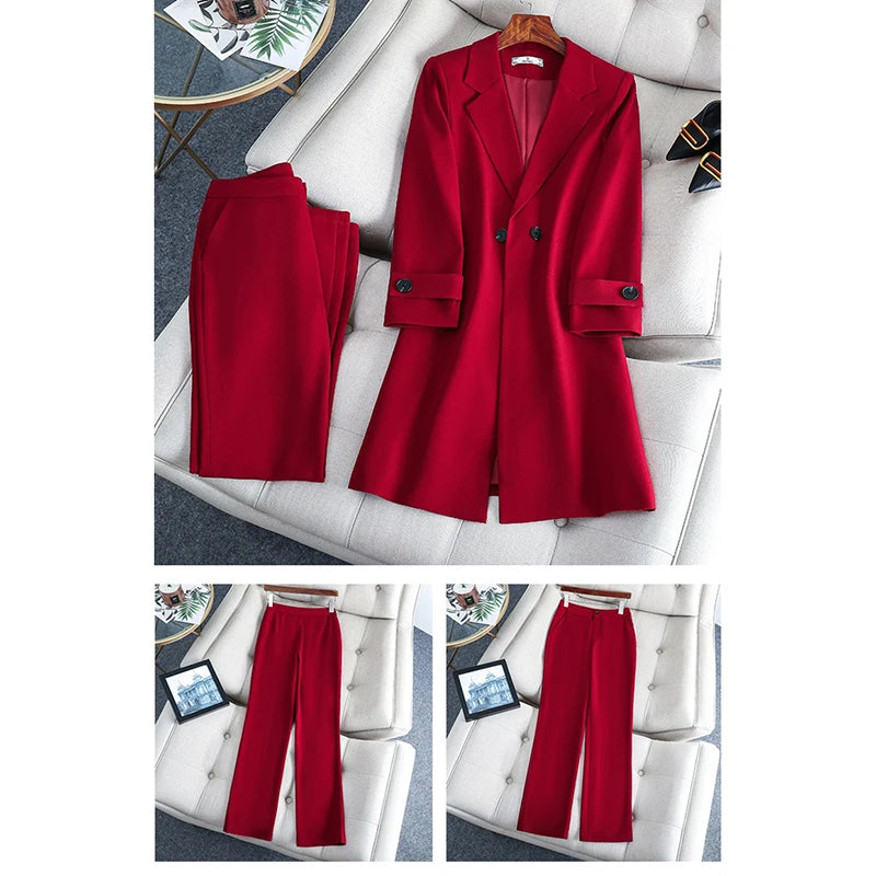 2022 Winter High-end Women's Business Suit Pants Two-piece Set Temperament Slim Solid Color Lady Double Breasted Trench Coat
