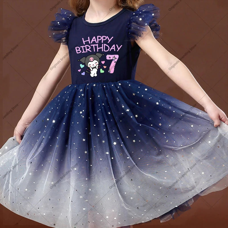 Kuromi Baby Dress Birthday Number Girl Party Dresses Children Cute Mesh Star Sequins Princess Dress Kids Flying Sleeve Skirt