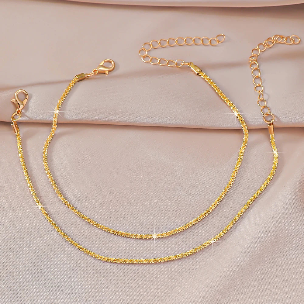 LATS Shiny Sparkling Simple Anklet for Women Gold Silver Color Elegant Jewelry Female Beach Ankle Bracelet on Foot Party Gift