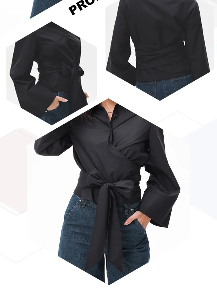 New Women's Fashion Casual Polo Neck Bow Tie up Short Edition Double Breasted Poplin Shirt