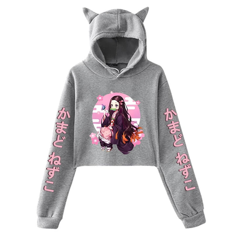 New Anime Kamado Nezuko Printing Cat Ear Hoodies Women Girls Fashion Streetwear Hoodies Sweatshirts Crop Top Pullover