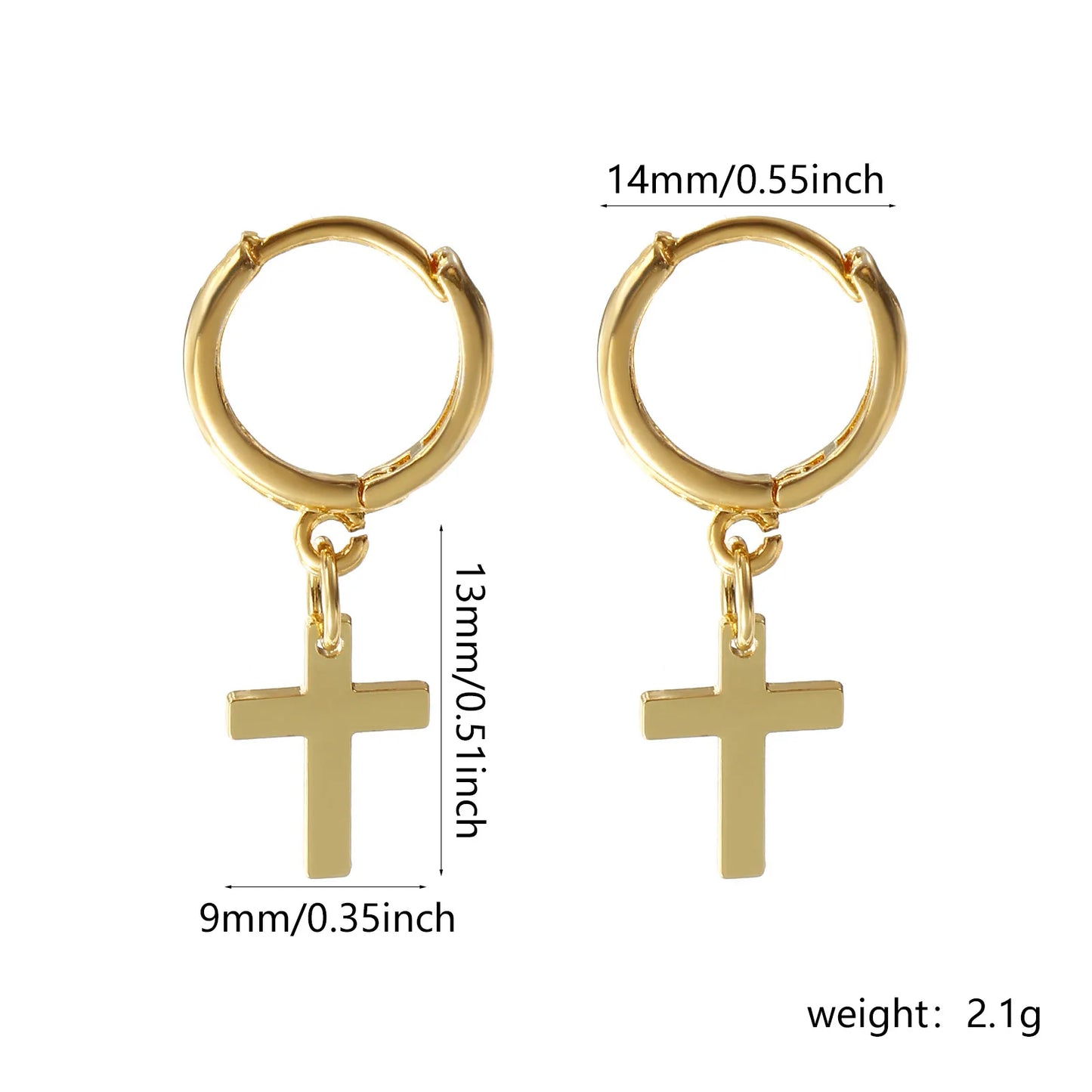 1Pair Exquisite Religious 18K Gold Plated Brass Cross Hoop Earrings For Women Gift 3.1cm x 1.4cm, Post/ Wire Size: 1mm(18 gauge)