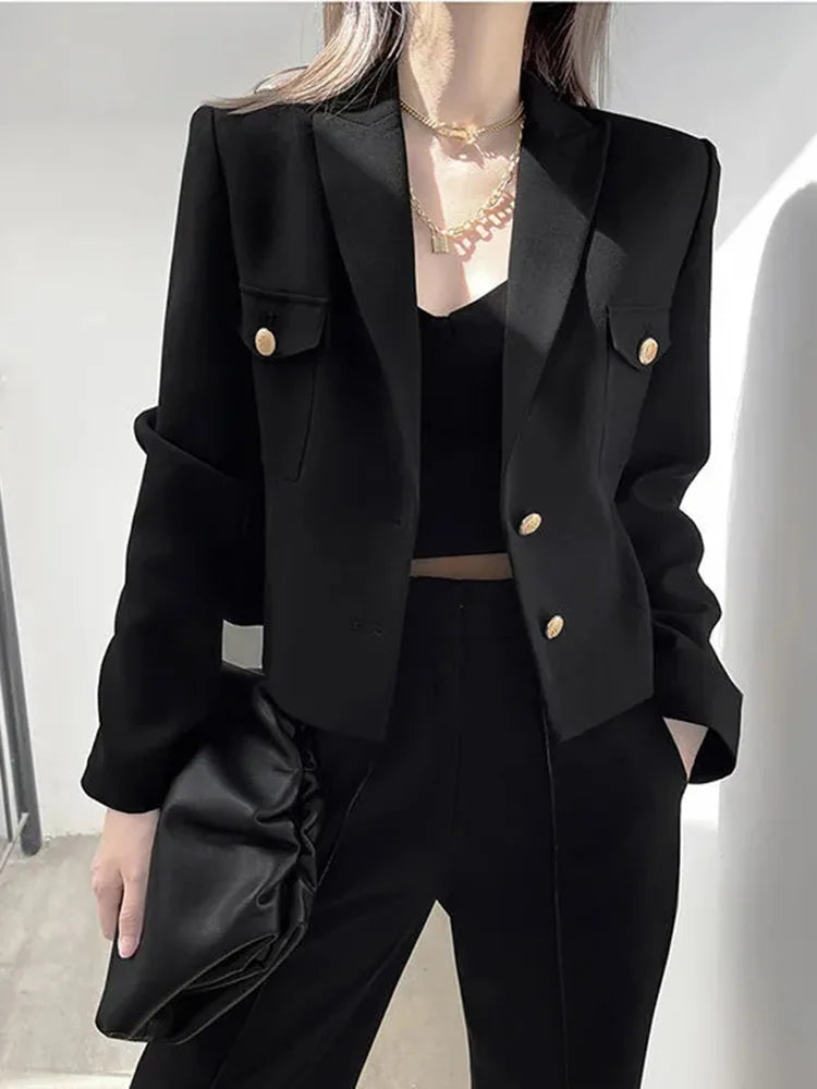 Zoki Casual Black Blazer Coats Women Fashion Slim Long Sleeve Elegant Short Jackets Fall Korean Double Buttons Office Lady Tops