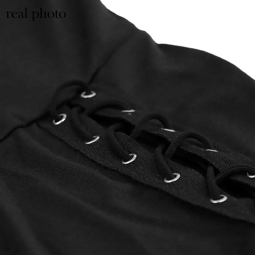 Goth Dark Gothic Coquette Sleeveless V-Neck Mid Dress Punk Sexy High Split Hem Corn Bandage Party Dresses Women Slim Streetwear