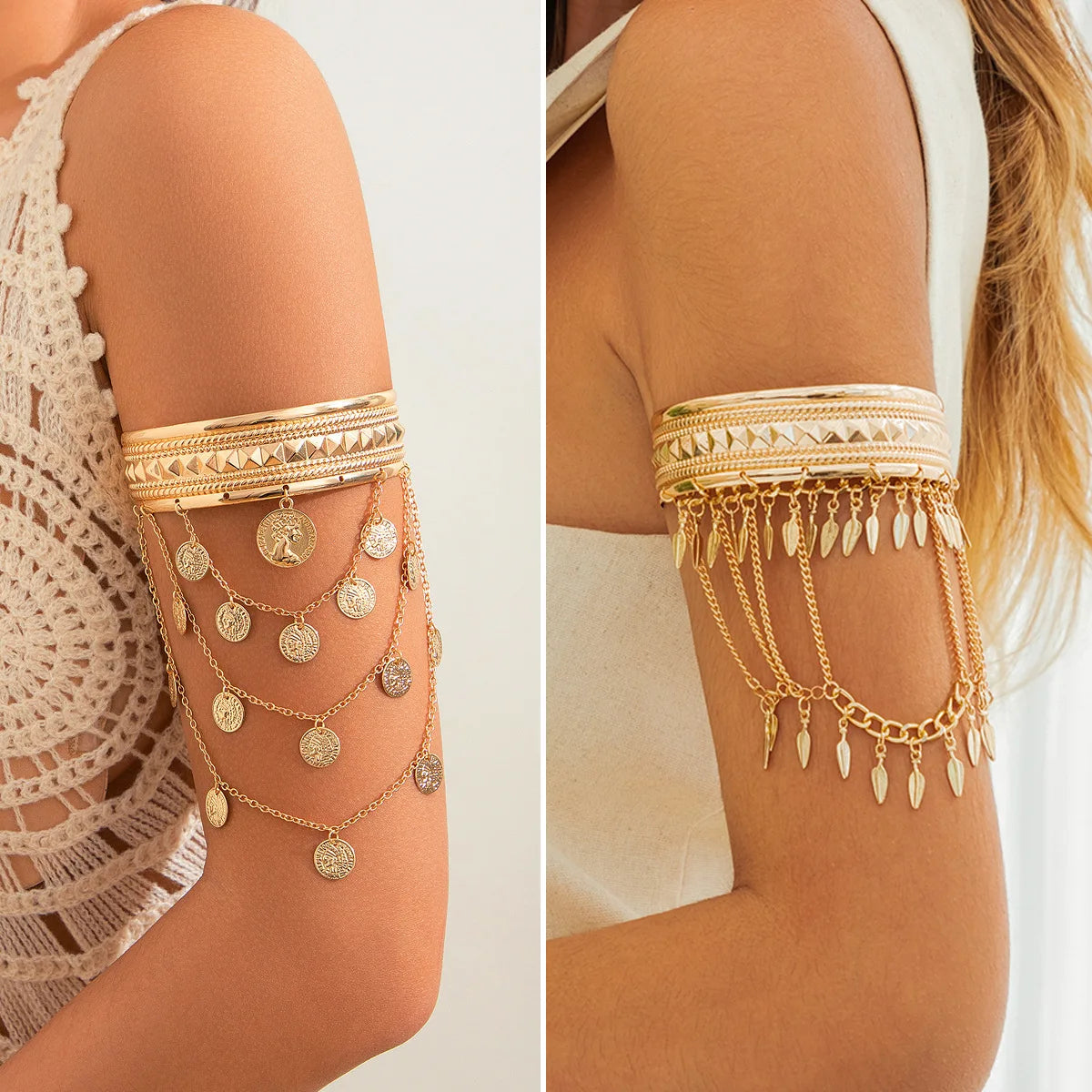 New Trendy Golden Metal Coin Leaf Chain Tassel Upper Arm Bangles Cuff Bracelet Armlet Armband Men Women Jewelry Accessories
