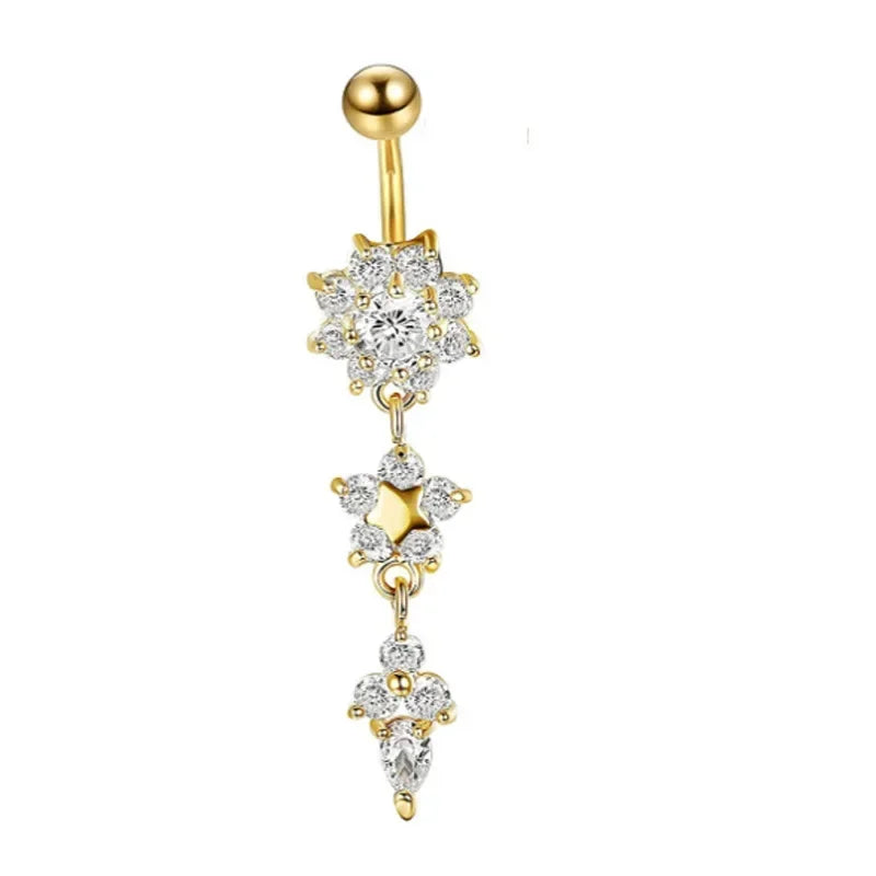 Alloy Zircon Navel Nail Ring Crystal Bar Barbell Drop Flower Dangle Body Piercing Belly Button Rings Men Women Body Jewelry Gift