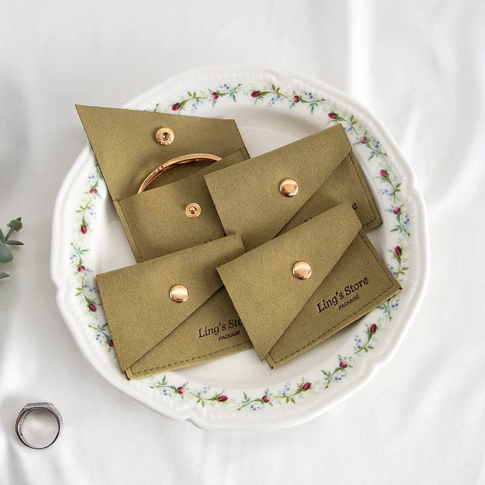 100Pcs Luxury Dark Green Microfiber Gold Snap Bag Envelope Button Purse Pouch For Ring Earrings Headset Coin Soap Gift Organizer