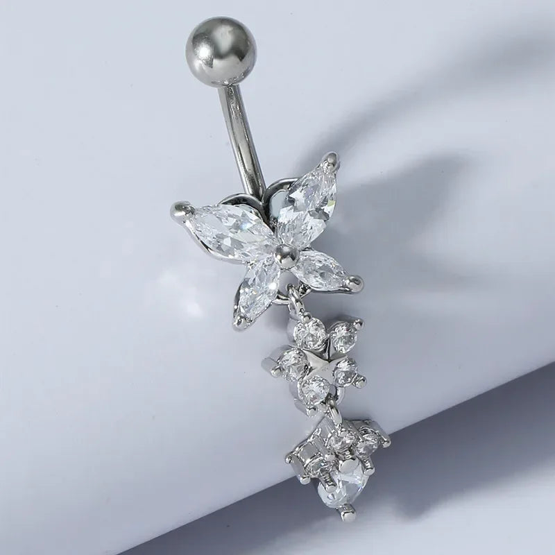 Alloy Zircon Navel Nail Ring Crystal Bar Barbell Drop Flower Dangle Body Piercing Belly Button Rings Men Women Body Jewelry Gift
