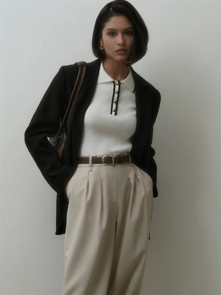 Knit Sweater Pullover Women Short Sleeve Patchwork Slim Lapel Elegant Contrast Knitwear Top Female Skinny Ribbed Pullover