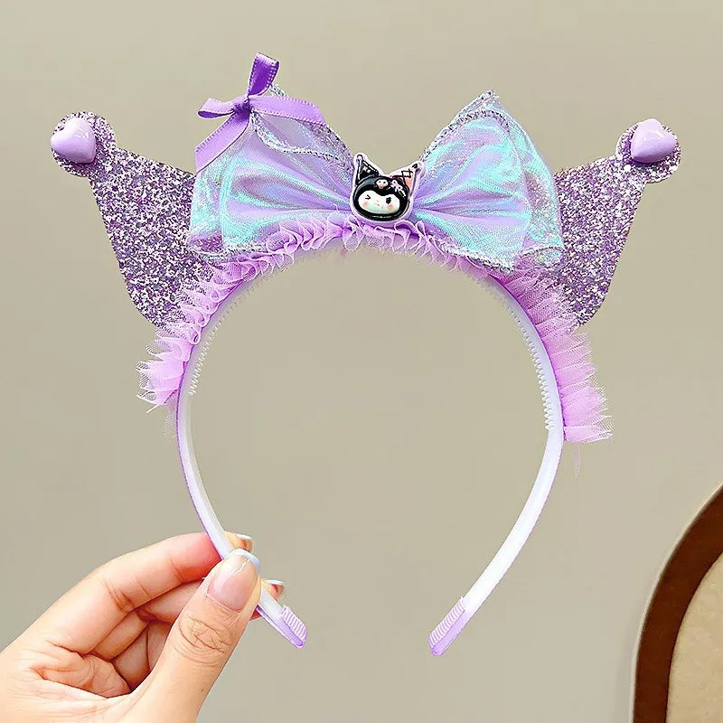 Kawaii Sanrio Kuromi Children Headband Hello Kitty Melody Cinnamoroll Cartoon Bow Shiny Hairband Hair Accessories Christmas Gift