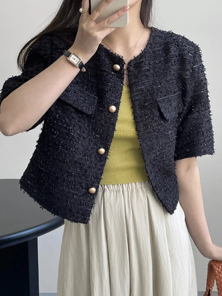 New Luxury Woolen Tweed Jacket Women Runway Short Sleeve French Style Short Coats Outwear Casacos chaqueta mujer Korean Fashion