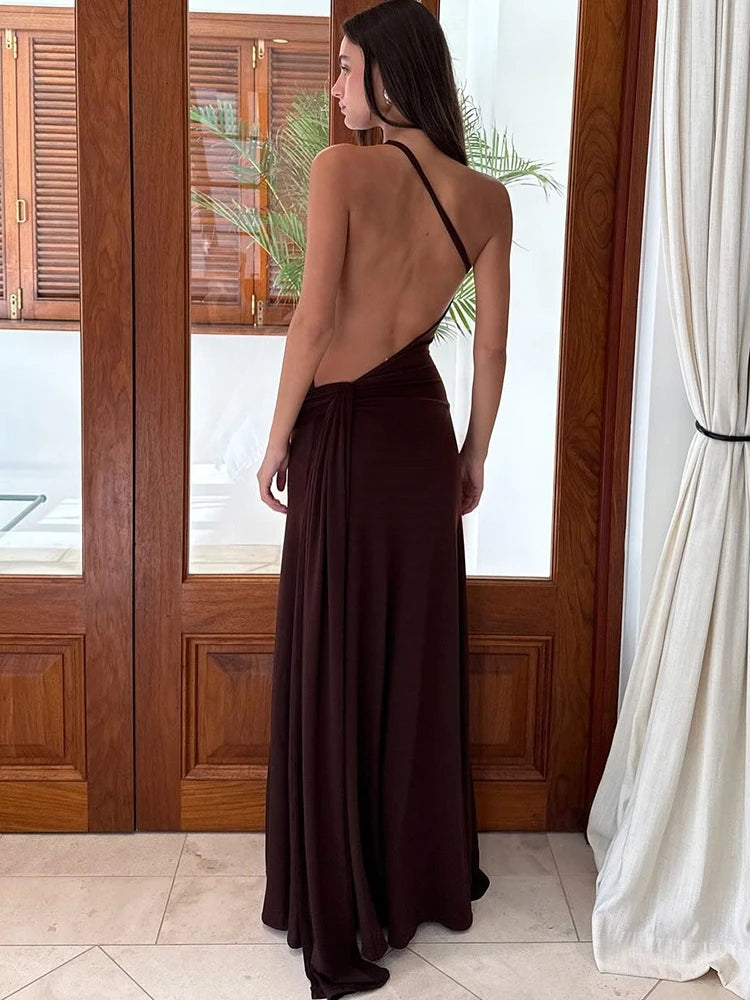 Sibybo Oblique Shoulder Sleeveless Ruched Maxi Dress For Women Gown Elegant Metal Rings Backless Bodycon Long Dresses Vestidos