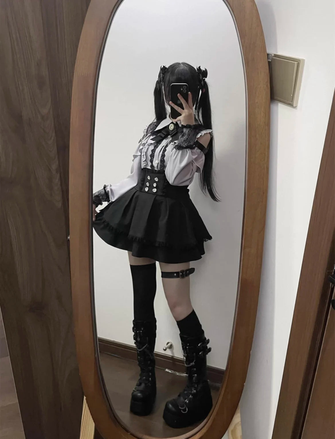 Kawaii Off Shoulder Long Sleeve Shirts Women Black Short Skirt Set Y2K Gothic Ruffle Skirts Lace Lolita Shirt Gown Suit 