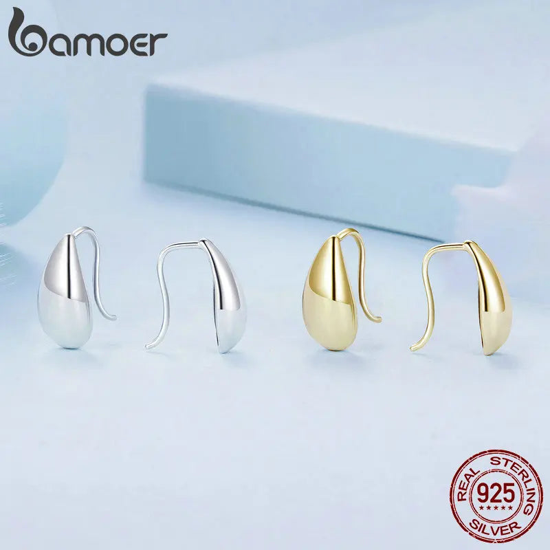 BAMOER Authentic 925 Sterling Silver Glossy Waterdrop Earrings Teardrop Hook Earrings for Women Minimalist Fine Jewelry Gift
