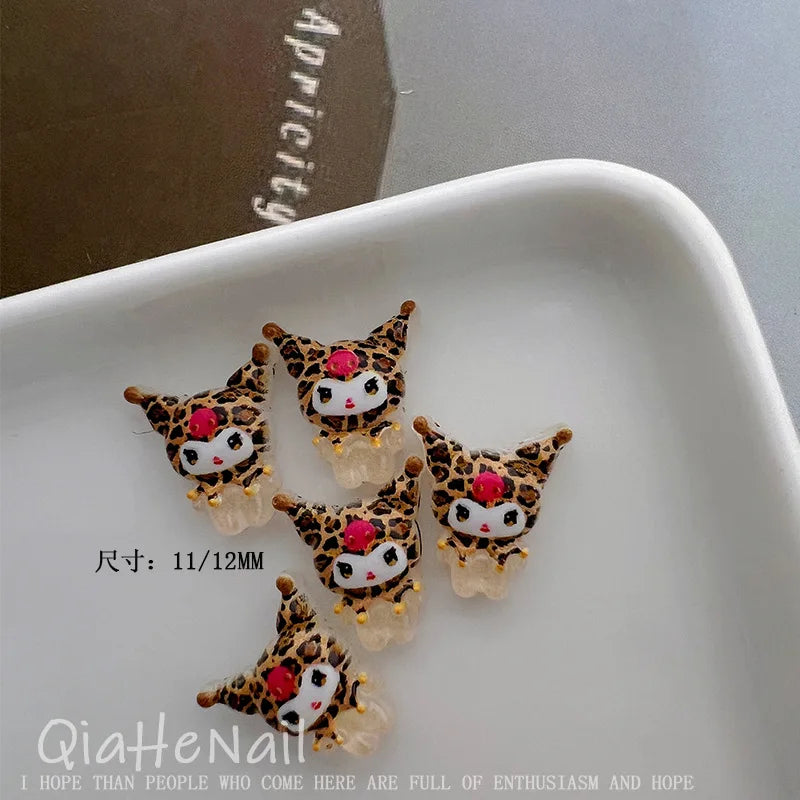 Sanrio Hello Kitty, Melody & Kuromi Cartoon Nail Accessories - 10PCS Cute Mini Resin Trinkets, Leopard & Maillard Print Pattern,
