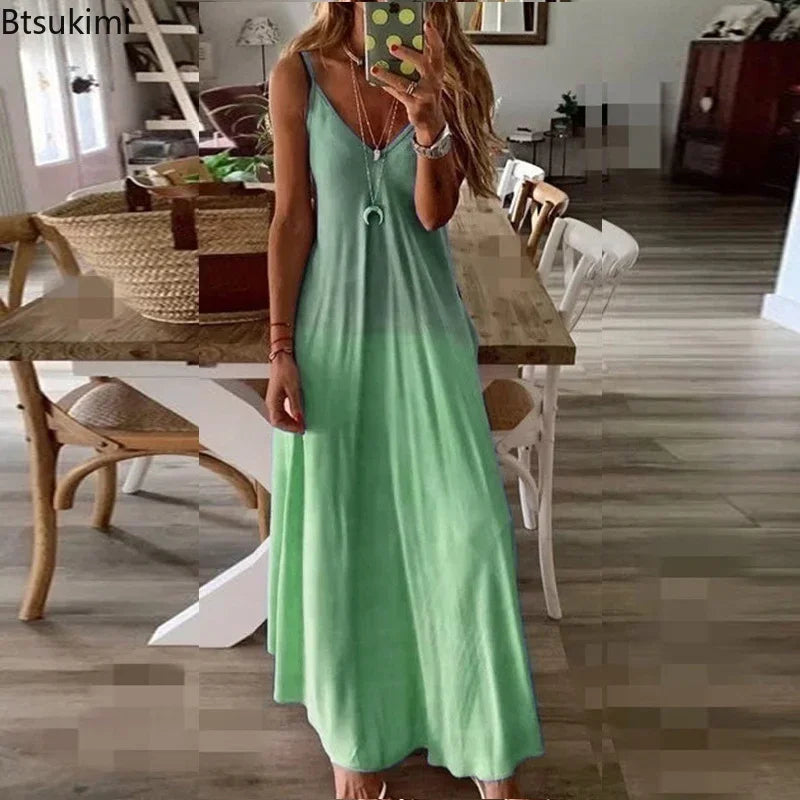 Plus Size 4XL 5XL Women's Summer Casual Loose Strap Dress Sexy Beach Boho Maxi Dress Large Size Long Dresses Female Robe Femme