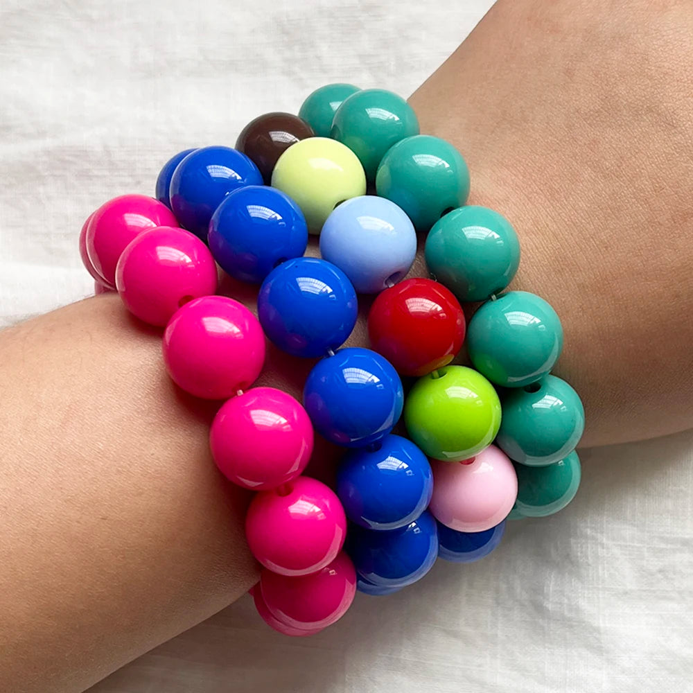 Cute Sweet Colorful Acrylic Big Bead Chunky Bracelet Fluorescent Hand Beaded Simple Bangles Summer Spring Jewelry Accessories