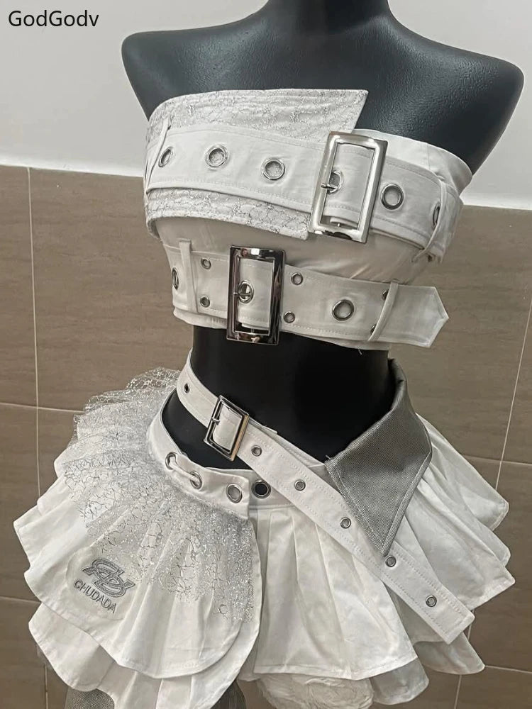 Punk Style Vintage Elegant Y2K Woman 2 Piece Sets Gothic Sleveless Crop Tops +High Waist Ruffle Skirt Female Party Chic Outfits