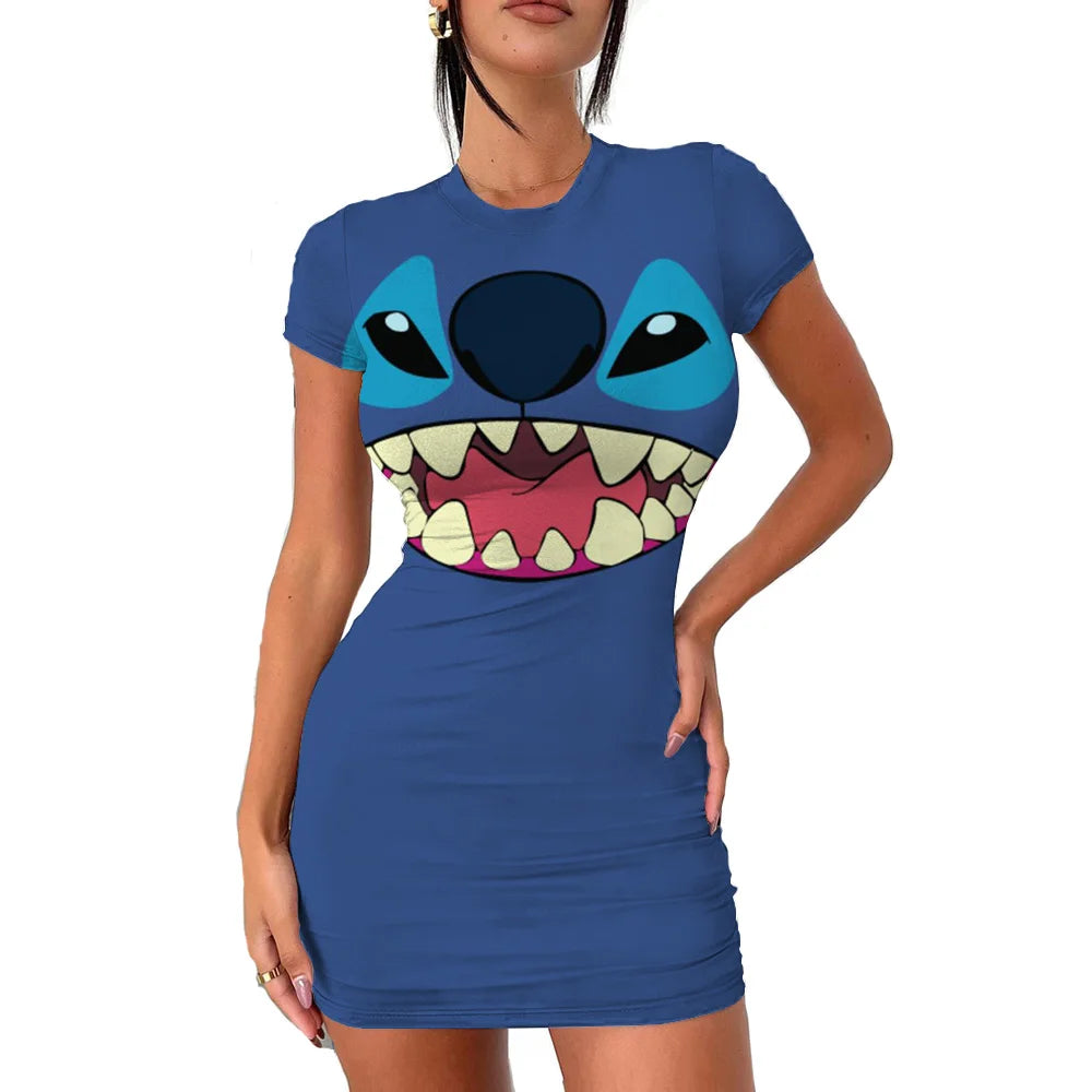 2022 Disney Stitch 3D Cartoon Print Tight Dress Short Sleeve Women's Tight Mini Dress Hip Print Kawaii beach party Women's Dress