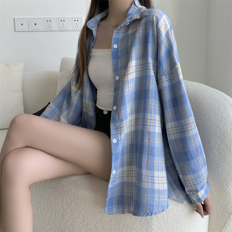 Women Tartan Shirt Long Sleeve Collared Button Up Oversized Plaid Shirt Jacket Grunge Fashion Teenage Girl Spring Summer Outfit