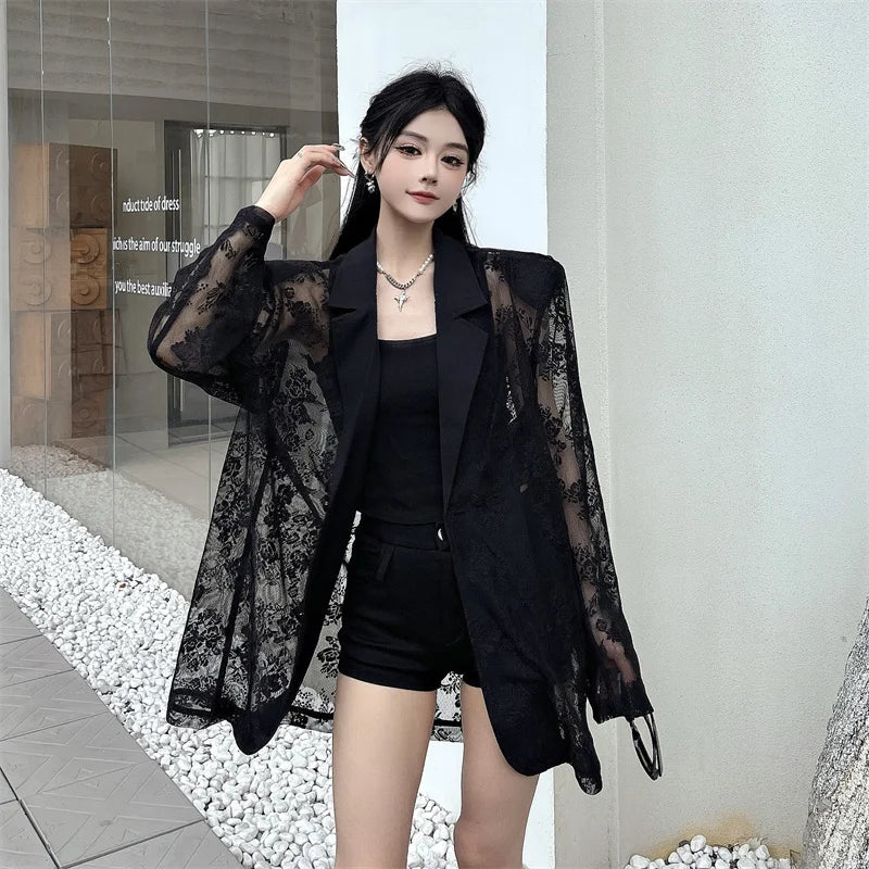 Women Clothing Summer Thin Jackets 2025 Ropa Mujer Patchwork Lace Temperament Coat Sexy Y2k Tops See Through Oversized Outwear