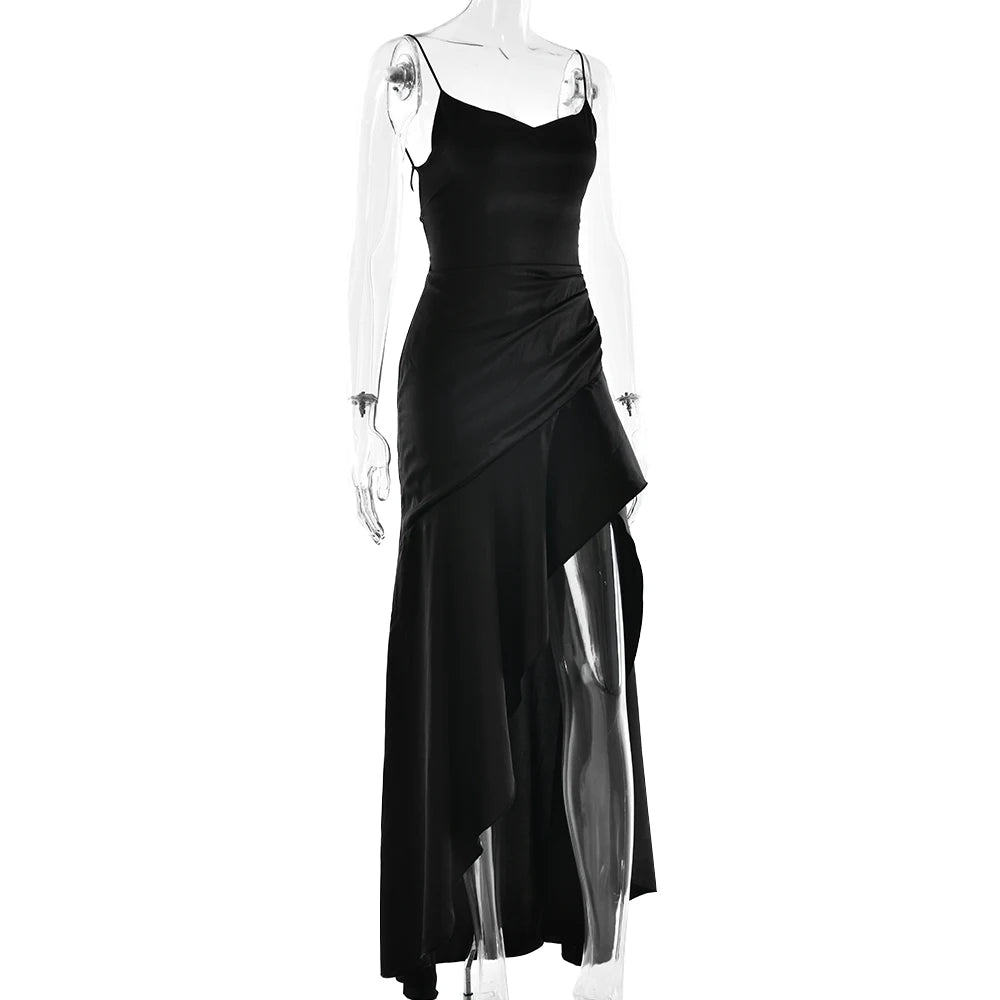 Articat Elegant Spaghetti Strap Satin Split Maxi Dress Women Sexy Backless Bodycon Party Evening Dress Summer Holiday Beachwear