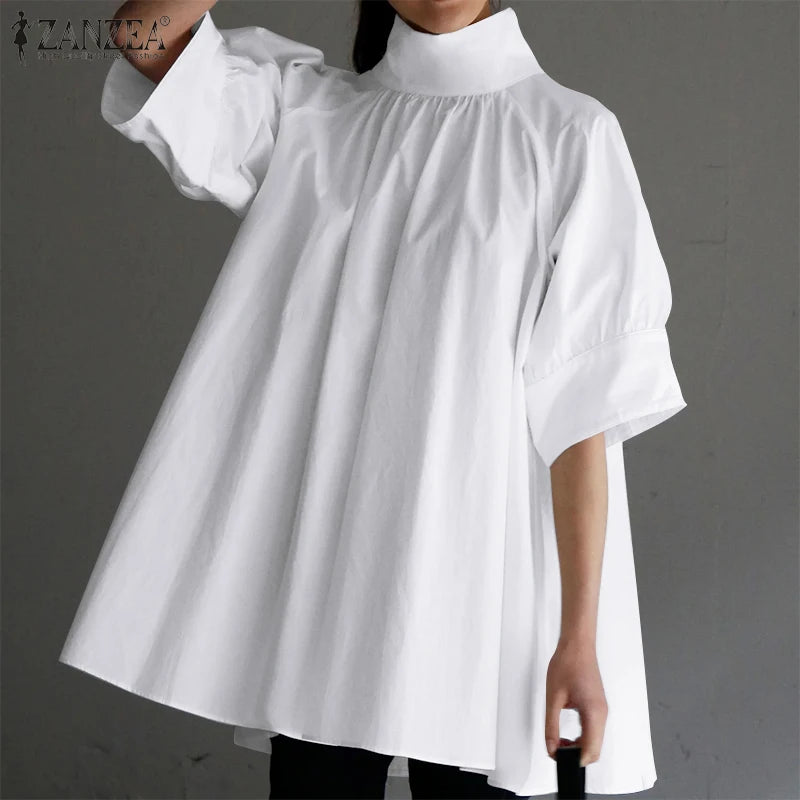 ZANZEA Elegant Women High Collar Half Sleeve Blouse Summer Casual Loose Shirt Fashion Work OL Tops Female Party Blusas Chemise