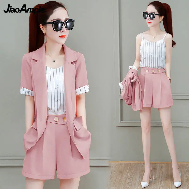 2025 Summer New Suit Jacket Shorts Suspenders Three-piece Women's Professional Wear Korean Fashion Blazers Coat Vest Pants Set