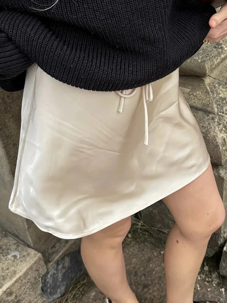 Satin Mini Skirts Women Summer Beige Silk Short Skirt For Woman Drawstring High Waist Black Satin Skirt A Line Women Short 2025