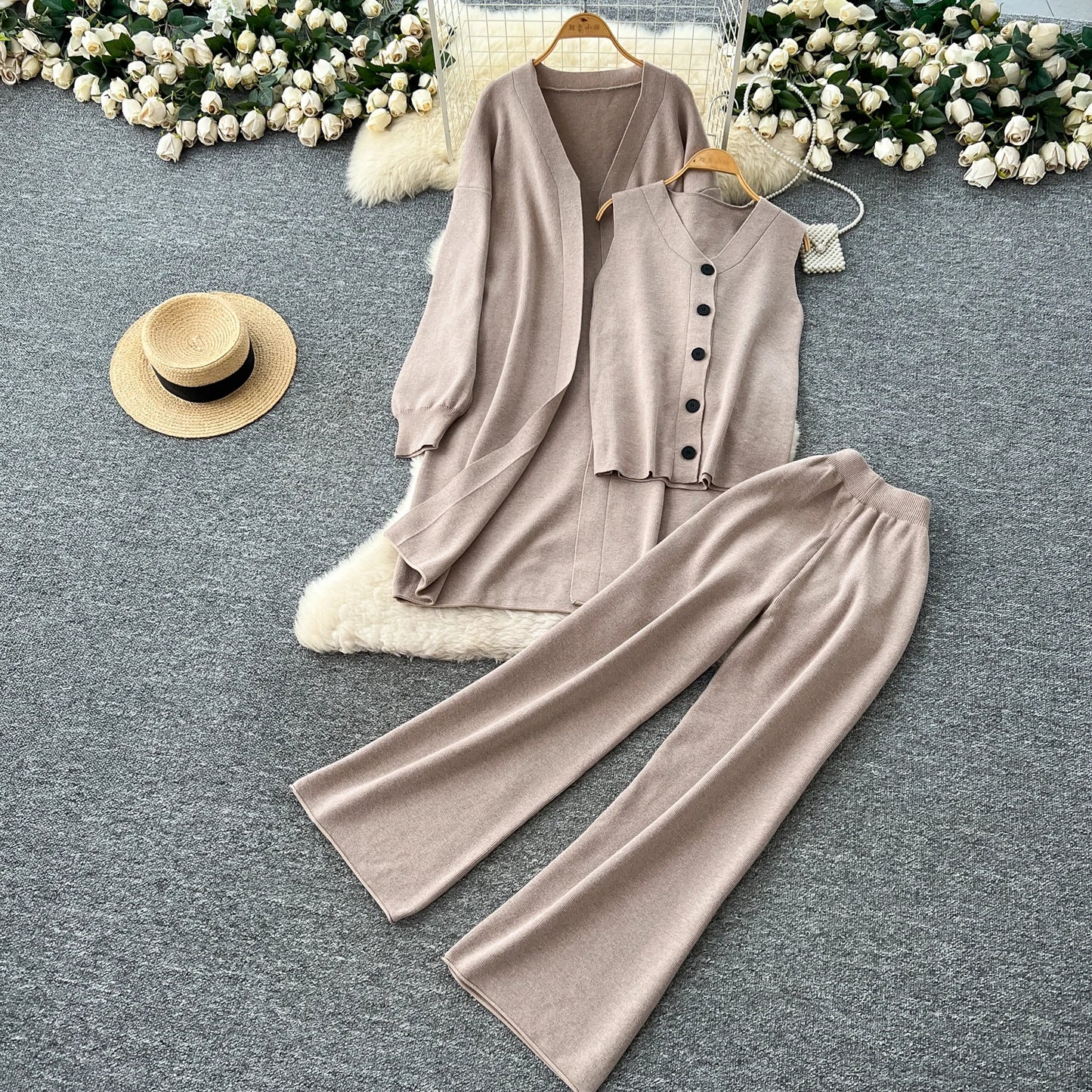 SINGREINY Autumn Knitted Warm Suits V Neck Buttons Vest+Full Sleeve Long Cardigans+Wide Legs Pants Women Solid Three Pieces Sets