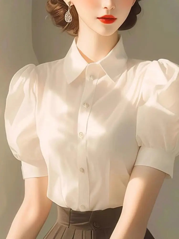 Elegant French Style Intelligent and Absolutely Beautiful White Stand Up Collar Puff Sleeve Blouse for Women's Summer Shirt