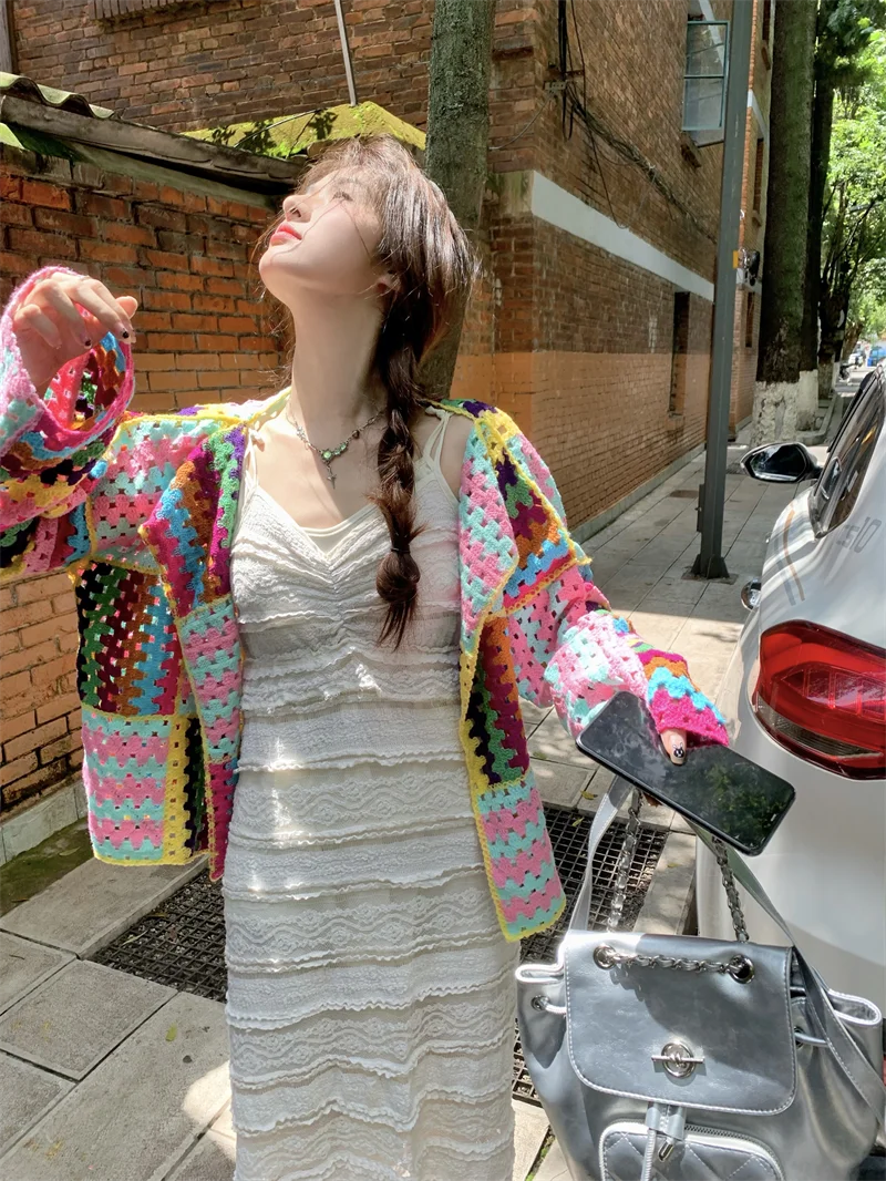 SALIENCY Colorful Crochet Knit Hollow Cardigan Sweater Jacket Women Spring Top Loose Short Knitwear