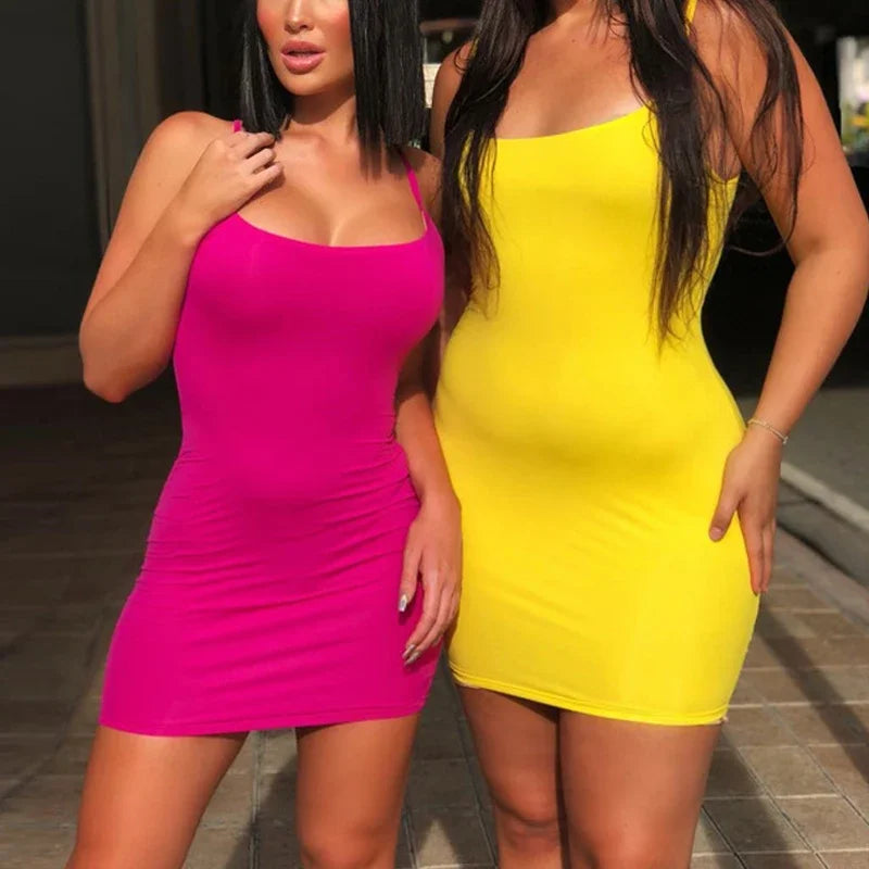 Summer Spaghetti Strap Mini Dress 2025 Women Sexy Bodycon Club Party Dresses Short Female Camisole Solid Black Sheath Sundress