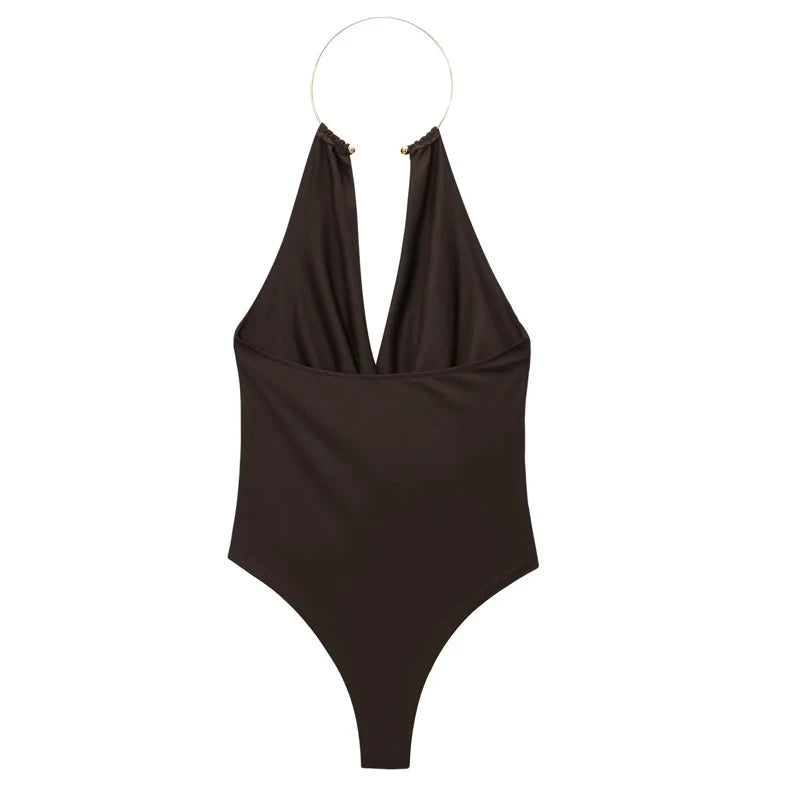 HXAO Halter Neck Bodysuits Sexy Summer Off Shoulder Bodysuit Women Brown Top Ruched Ring Backless Thong Bodysuit Woman One Piece