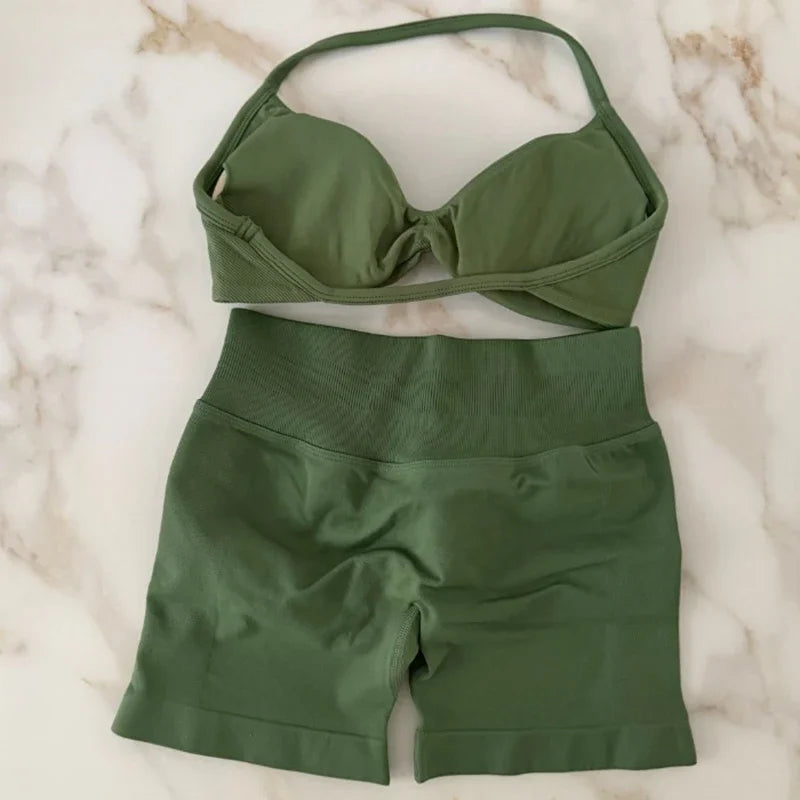 Gym Set Women Two Piece Strappy Yoga Bra Top Workout Scrunch Shorts Suit Fitness Clothes Seamless Sportswear Workout Set