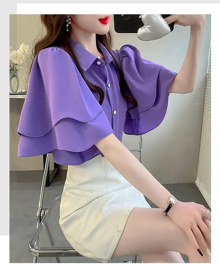French Lady's Summer Loose Shirt Women's New Loose Blouse Solid Color Ruffle Short Sleeve Chiffon Top