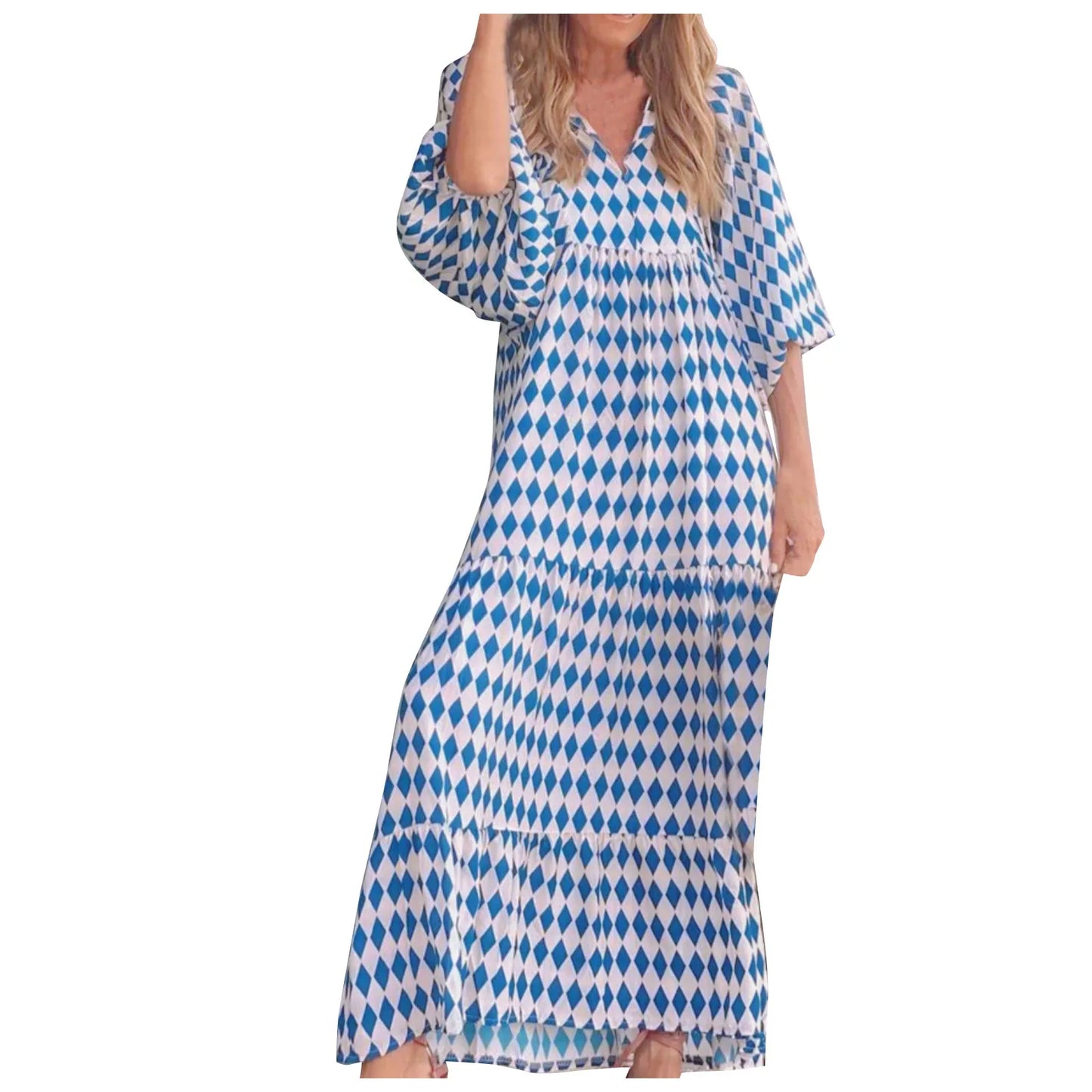 Women's Summer Casual Fashion Geometric Print Neckline Lace-up Bubble Middle-sleeves Ruffle Stitching Big Swing Long Losse Dress