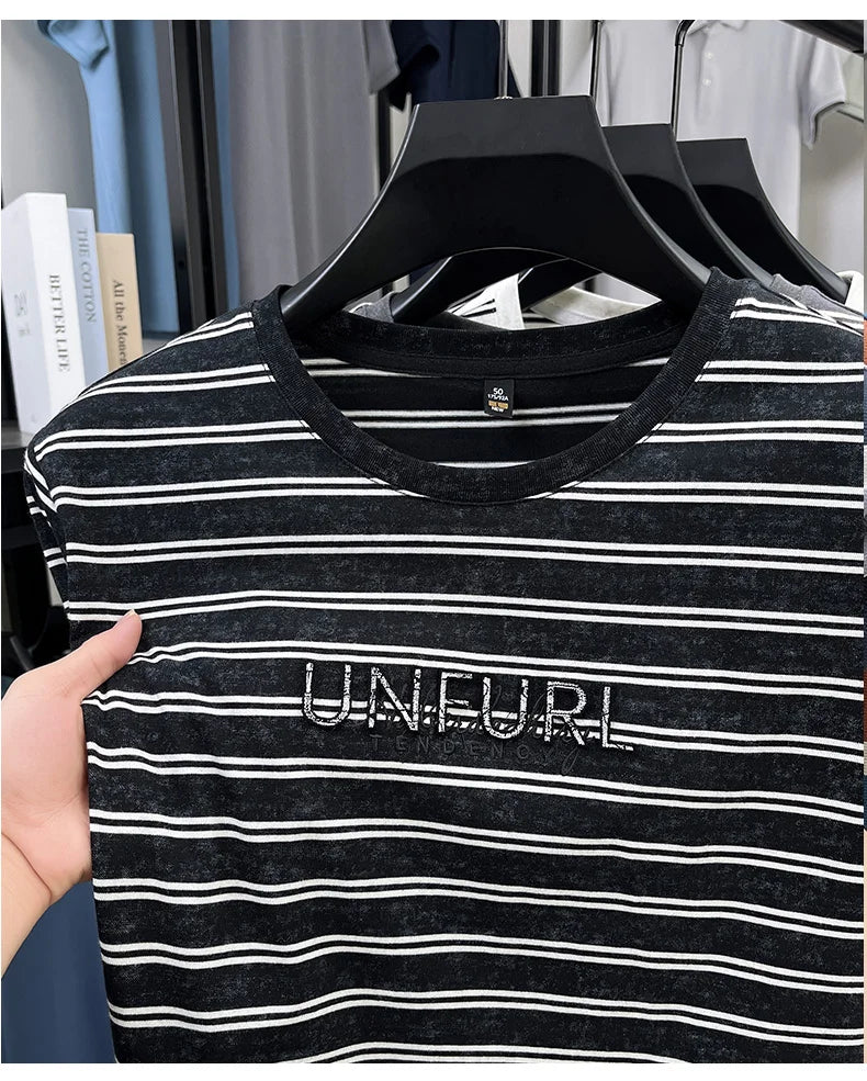 Top Grade Yarn Dyed New Summer Tops Striped Designer Tshirt Men 2025 Round Neck Brand Short Sleeve Casual Fashion Men Clothing