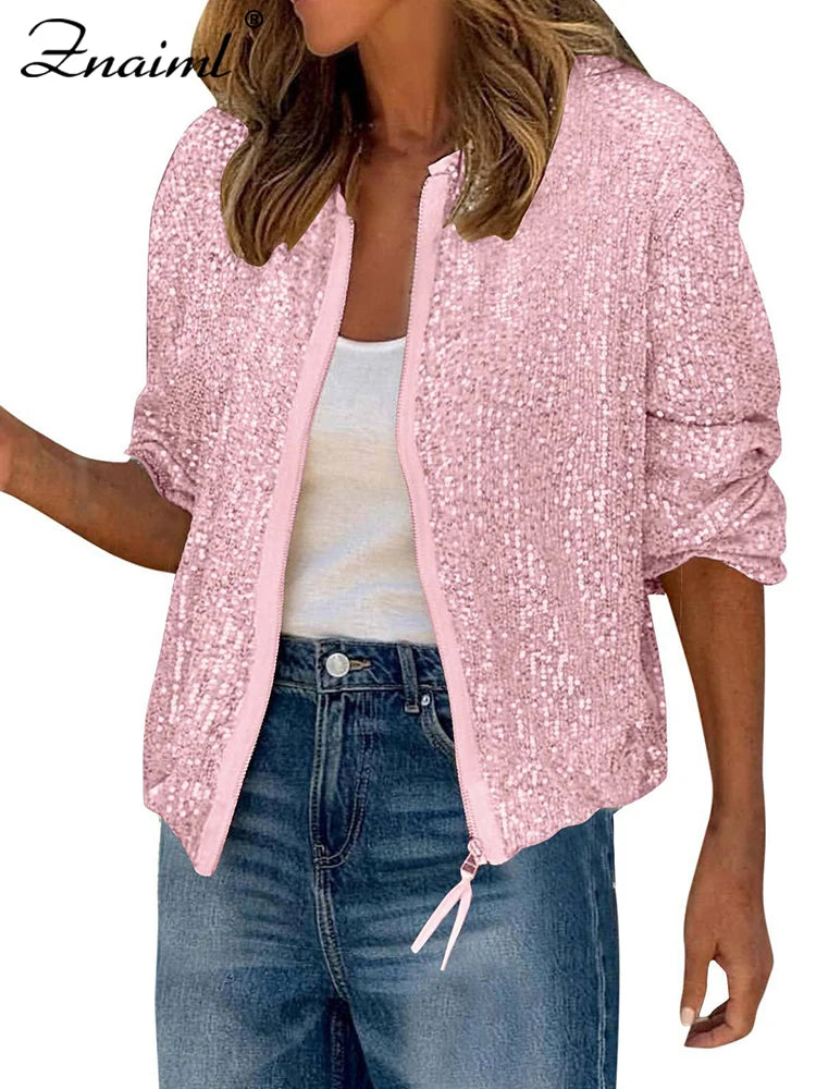 Znaiml Women Luxury Sequin Jacket Y2k Harajuku Green Color Zipper Long Sleeve Short Coat Autumn Winter Ladies Night Clubwear New