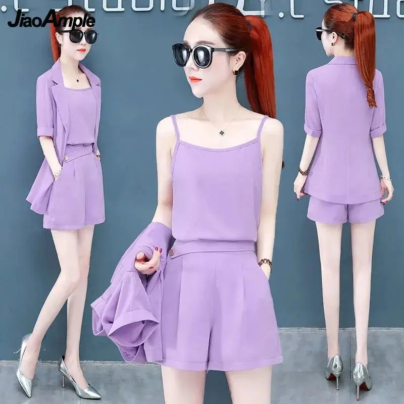 2025 Summer New Suit Vest Shorts Three-piece Women's Elegant Professional Wear Korean Fashion Slim Blazers Suspenders Pants Set