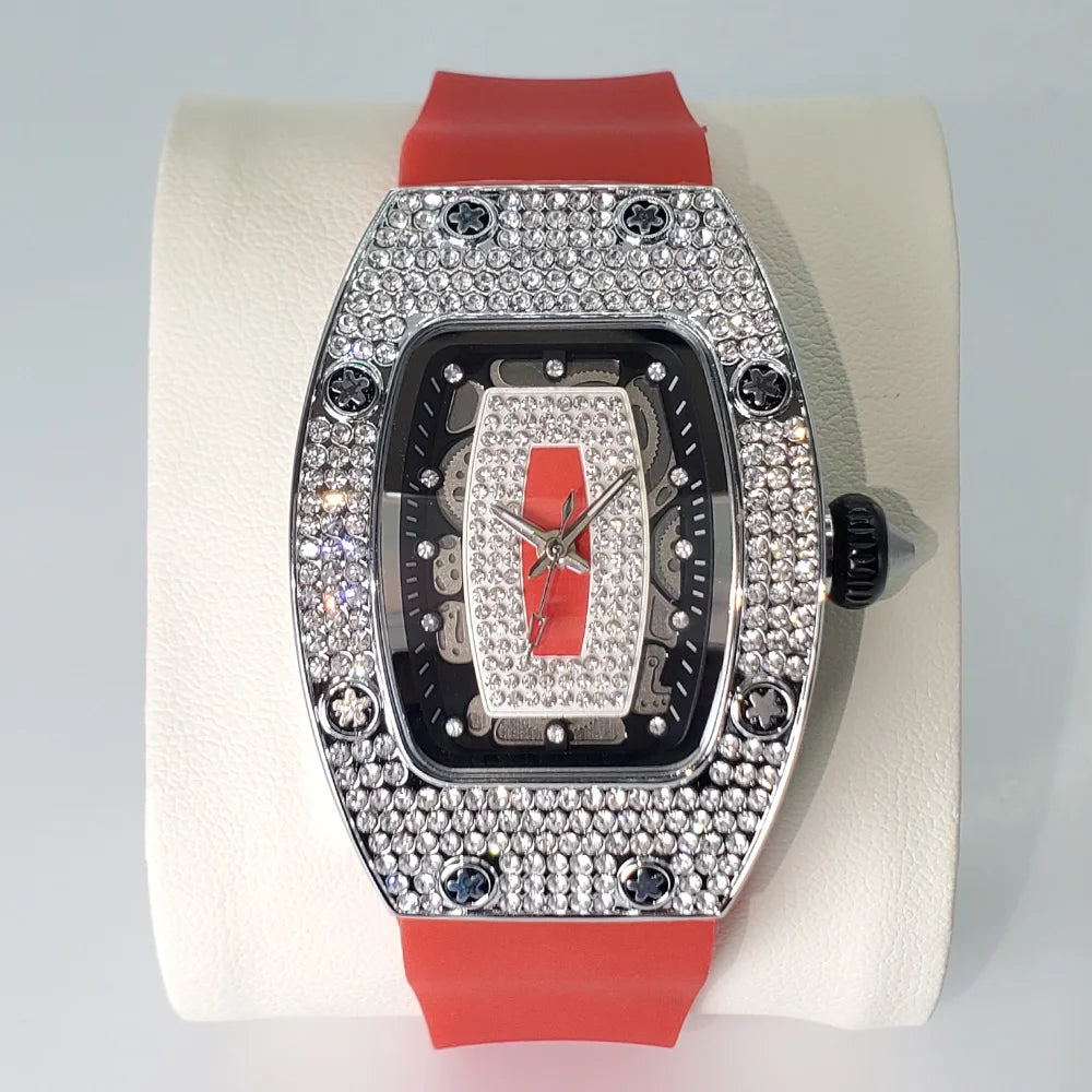 Luxury Diamond Watch For Women Elegant Tonneau Original Design Watches Fashion Ice Out Sport Rubber Strap Waterproof Mille Clock