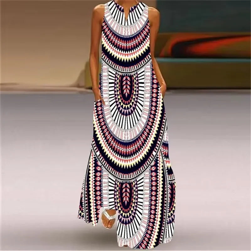 Spring Summer Long Dress Womens Long Casual Party Dresses Women Clothing Casual A-Line Printing V-Neck Pockets Maxi Dress Autumn
