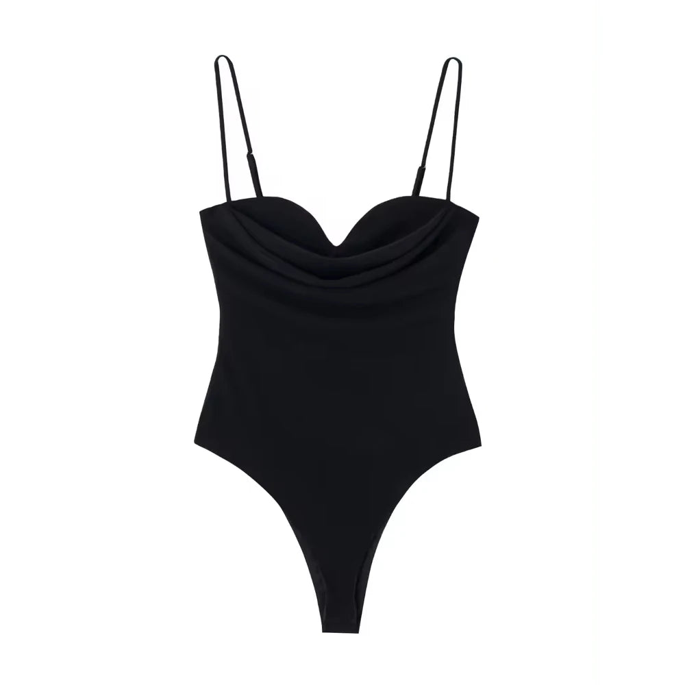 TRZA Women Sexy Fashion With Sweetheart Neck Draped Bodysuits Backless Zipper Thin Straps Female Playsuits Mujer