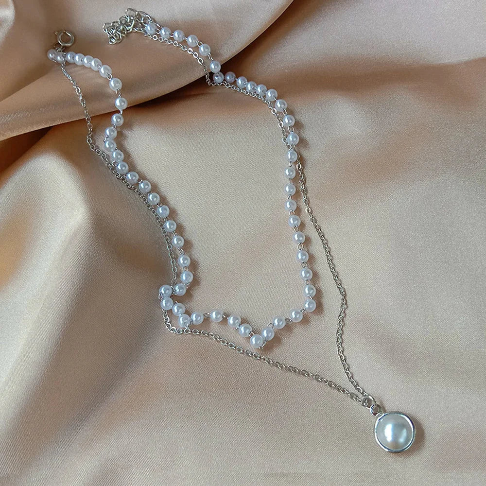 Pearl Dainty Adjustable Double Layer Chain Pendant Necklaces Gold Plated Pearl Tiny Chain Delicate Mother's Valentine Jewelry