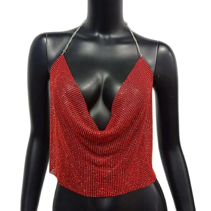 Festival Brilliant Rhinestone Backless Party Crop Top Women 2022 Summer Glitter Evening V Neck Diamonds Metal Tank Tops