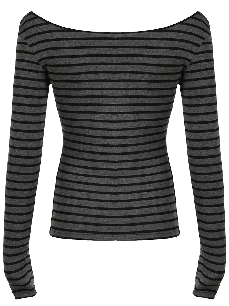 Sweetown Japanese Basic Slim Long Sleeve Stripe Tee Off Shoulder O Neck Korean Street Style Spring Autumn Y2K Gray T Shirt Women