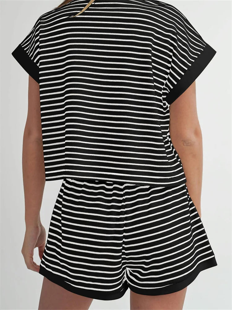 CHRONSTYLE Women Loose Casual Knitted 2 Piece Outfits Short Sleeve Striped Print Sweaters Tops Shorts Set Summer Fall Streetwear