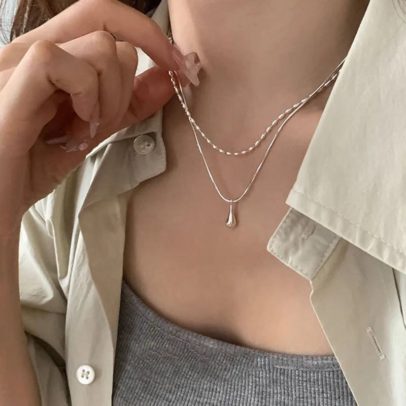 925 Sterling Silver Simple Design Drop Pendant Necklace for Women Double Collar Chain Fashion Fine Jewelry Gifts